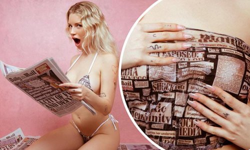 She knows a good read when she sees one! Lottie Moss shows off her sizzling figure in newspaper print bikini as she poses on a bed of Daily Mail papers