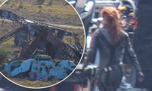 Scarlett Johansson dons her signature leather catsuit to film Black Widow in Surrey