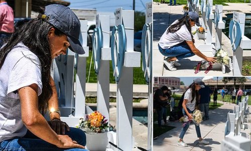 Meghan Markle make surprise appearance in Uvalde where she lays bouquet of white roses at memorial honoring 19 kids and two teachers shot dead in elementary school massacre