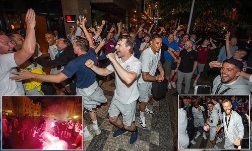 West Ham players party in the street with their fans after their historic European trophy win - but celebrations in Prague turn tense as fans skirmish in the street