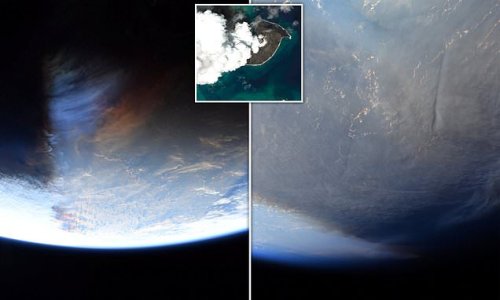Ash from the underwater volcanic eruption in Tonga is seen from SPACE
