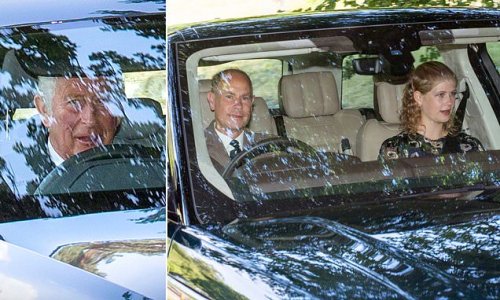 Prince Charles is joined by his brother Prince Edward and niece Lady Louise as he drives himself to a Sunday church service in Aberdeenshire