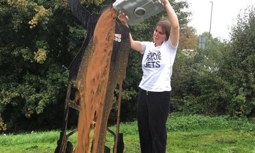 Fury as vile 'eco-warrior', 21, pours bucket of human FAECES on memorial to Captain Sir Tom Moore in a bizarre protest over private jets - with revolted fundraisers calling for her to be JAILED