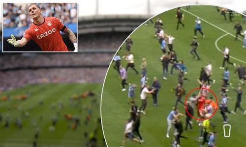 Two football fans are charged over Etihad Stadium pitch invasion as police hunt Man City thugs who attacked Aston Villa goalkeeper Robin Olsen