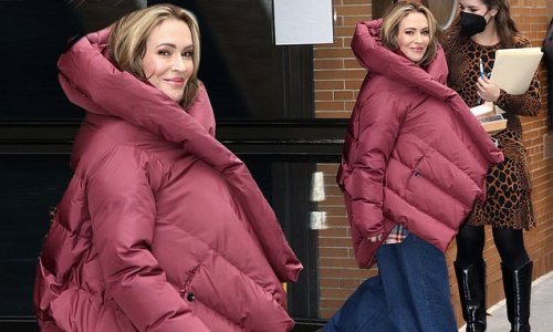 Alyssa Milano puts on a quirky display in MASSIVELY oversized padded jacket and baggy jeans after her appearance on The View