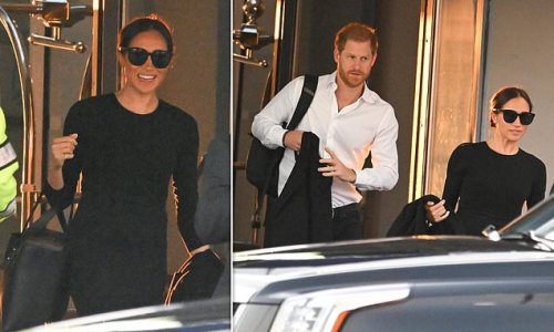 Smiling before the storm: Meghan and Harry arrive in New York by private jet to accept award for 'fighting racism' - as Royal Family is braced for fresh allegations in their bombshell Netflix show on Thursday