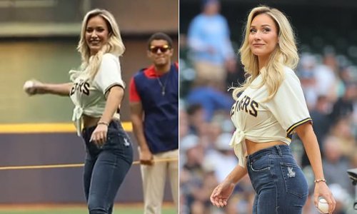 Paige Spiranac stuns baseball fans in unbuttoned shirt as she throws the  first pitch at the Milwaukee Brewers MLB game