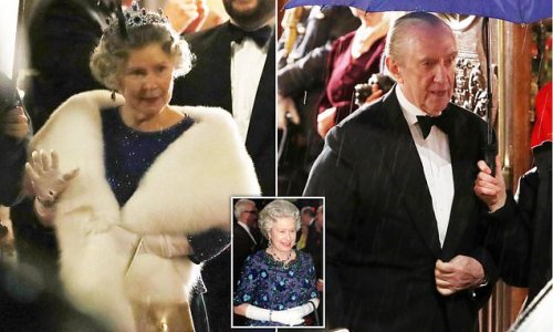 Imelda Staunton and Jonathan Pryce recreate the Queen and Prince Philip's 1995 Royal Variety Show arrival for filming of The Crown