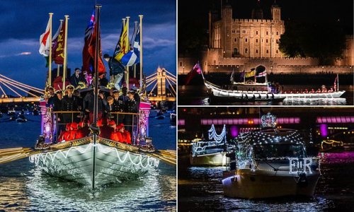 Crowds gather to watch luminescent flotilla of 150 boats sail down the Thames in touching nighttime tribute to the Queen
