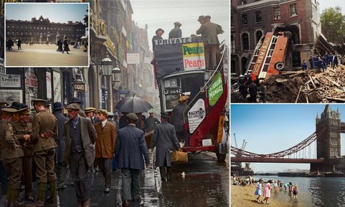 'Lost London' in colour: Fascinating book brings scenes of WWII bomb devastation, floods and the Victorian everyday in Britain's capital 'back to life' with incredible colourised photos