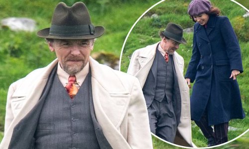 Simon Pegg climbs a mountain with co-star Minnie Driver as they film their new comedy Nandor Fodor And The Talking Mongoose