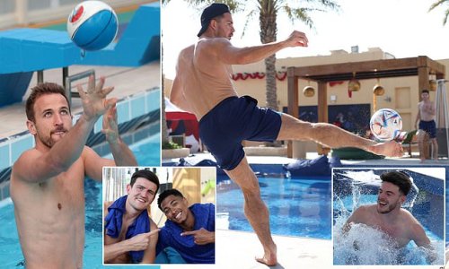 Doha downtime: Harry Kane, Jack Grealish and Declan Rice enjoy some pool games, as England stars enjoy a day off in the Qatari sunshine after securing a place in the World Cup quarter-finals against France