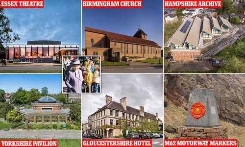 Six historic sites are listed for Queen's Platinum Jubilee: Modernist theatre, Birmingham church and a 1930s pavilion in Yorkshire that were all visited by monarch are granted protected status