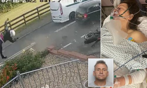 Moment woman motorcyclist somersaults through the air and lands on top of garden wall after bike she was riding on with her husband was hit by drug driver on wrong side of road