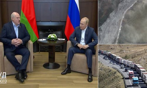 Putin squirms in his seat as Belarus dictator Lukashenko rants about men 'running away' from mobilisation in Russia as huge traffic jams on Georgia border are captured in images from SPACE