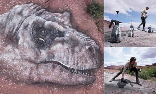 Graffi T Rex 100ft Mural In Utah Desert Of The King Of The Dinosaurs Is So Big It Can Only