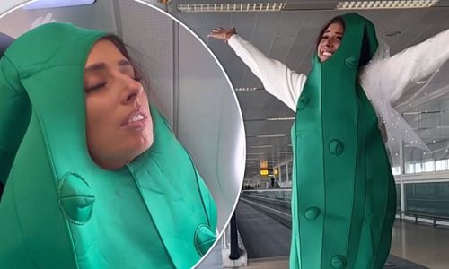 Stacey Solomon kicks off her hen do celebrations as she is forced to dress as a giant PICKLE at the airport while her pals sport Joe Swash masks