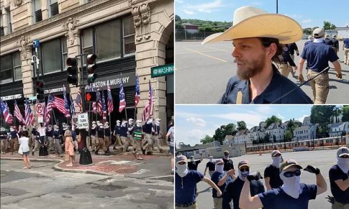 Moment 100 Patriot Front white supremacist group members march along Boston's Freedom Trail on July Fourth Weekend to ‘reclaim America’: Accused of assaulting black man during demonstration