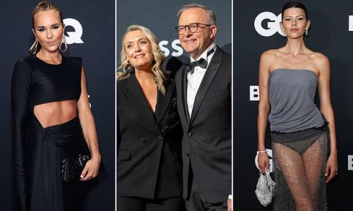 Anthony Albanese looks suave in a classic tuxedo as the PM lets loose at the GQ Men of the Year Awards in Sydney alongside Pip Edwards and model Georgia Fowler