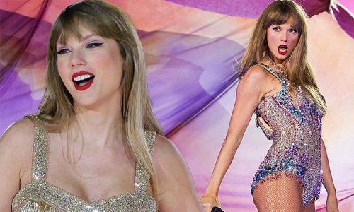 Taylor Swift is the epitome of glitz and glamour in a diamante-studded leotard as she takes the stage during the Las Vegas stop on her The Eras Tour