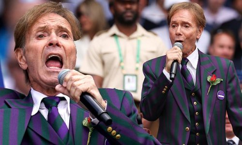 Sir Cliff Richard, 81, dons Wimbledon's famous colours as he entertains the crowd at centre court with an impromptu sing-a-long