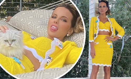 Kate Beckinsale flashes her abs in a yellow crop top and skirt