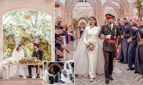 A Royal good wedding! How Crown Prince Hussein of Jordan and his new wife Rajwa celebrated their big day with an open-top white Range Rover and a SEVEN-tier cake in front of star-studded guest list