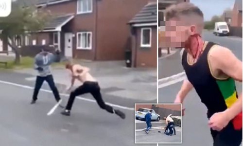 Horrific moment two bloodied men attack each other with machetes