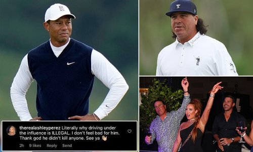 'Thank god he didn't kill anyone': LIV Golf rebel Pat Perez's wife takes a vicious shot at Tiger Woods and his career-threatening car crash, saying she 'doesn't feel bad for him' as the star continues to suffer with injury