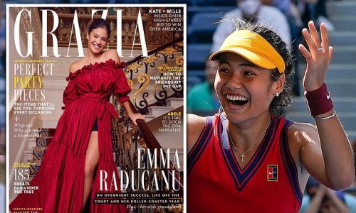 Emma Raducanu flashes her slim pins in a red exclusive Dior thigh-split gown as she poses front page for her first cover shoot with Grazia - boasting of her overnight success