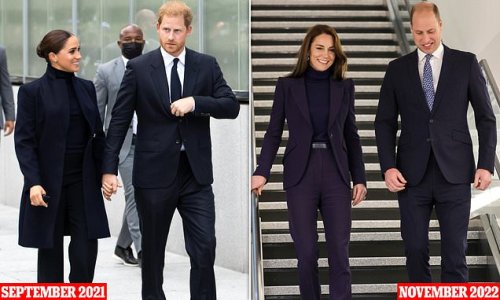 Taking style tips? Royal fans are convinced the Princess of Wales channelled Meghan Markle in a turtleneck jumper and trousers as she arrived in the US