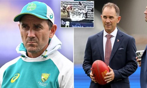 Cheeky attempt at defending former Aussie coach Justin Langer falls flat as banner reading 'Justice for JL' is quickly removed in first Test