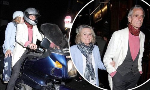 Jeremy Irons, 73, makes a speedy exit on a motorbike with wife Sinéad Cusack, 74, after seeing Jodie Comer's one woman play Prima Facie