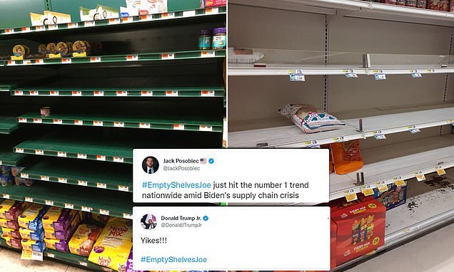 Frustrated shoppers share photos of bare aisles in stores across the country and #EmptyShelvesJoe trends on Twitter as the Biden administration's response to the supply chain crisis is slammed as 'too little, too late'
