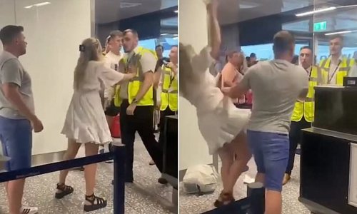 Britain's airport chaos descends into violence as furious easyJet passenger shoves his girlfriend out of the way before PUNCHING airport worker as he waits to board flight in Bristol