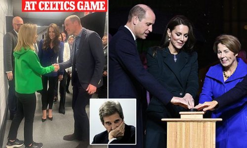 Caroline Kennedy is pictured greeting Wills and Kate backstage at Boston Celtics game after bad weather stopped her from attending Earthshot ceremony - while sick John Kerry missed the event entirely
