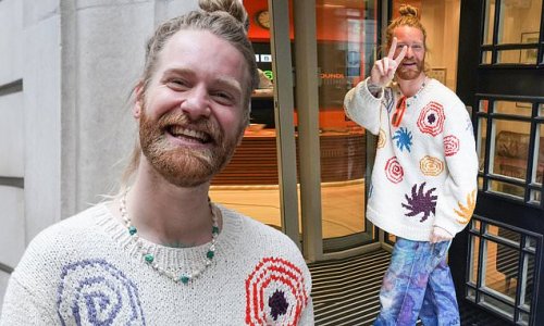 Sam Ryder looks trendy in oversized cream swirl-print sweater as he arrives at BBC Radio 2 studios... after landing shock second place in Eurovision
