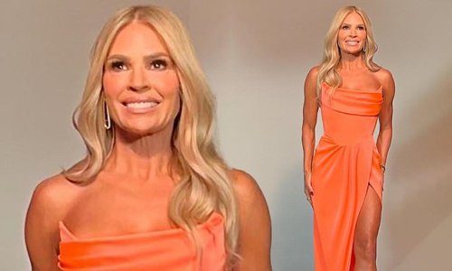 Sonia Kruger, 57, shows off her ageless beauty as she flashes her endless trim pins in racy Alex Perry gown