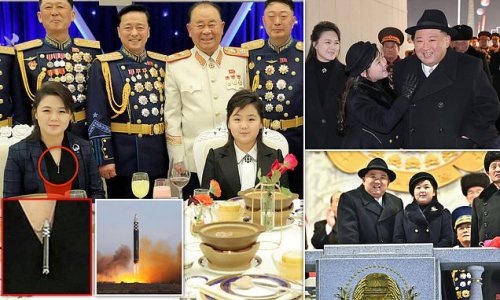 Is that a NUKE-lace? Kim Jong Un's wife wore a MISSILE necklace ahead of military parade... as the couple's daughter takes centre stage during display featuring record number of nuclear missiles