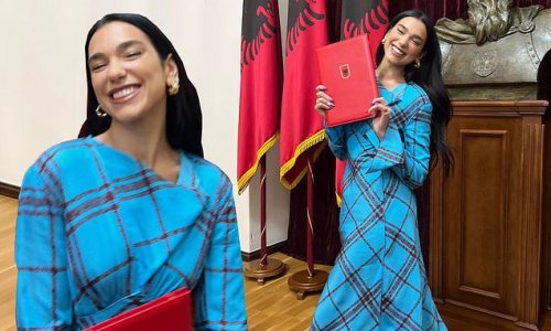 'It is an indescribable great joy with such acceptance and love': Dua Lipa wows in bold blue dress as she is granted Albanian citizenship