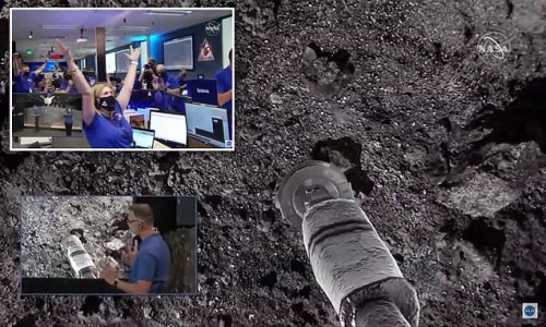 Touchdown! NASA makes historic landing on 'doomsday asteroid' Bennu as OSIRIS-REx extends its 11-foot robotic arm to collect rock samples before launching back into space