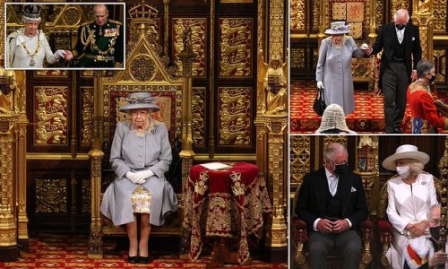 Throne alone: Queen performs her first public duty since Philip's death at Covid-secure State Opening of Parliament as social-distancing rules omit 120-year-old consort's throne from House of Lords ceremony