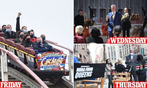 Shootings up 77 percent and a third of small businesses closed in NYC - but who cares? Mayor De Blasio brags he's having 'too much FUN' after spending the week riding a rollercoaster, on a TV set and a night at the theater