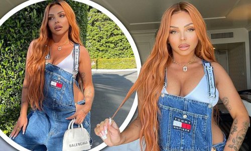Jesy Nelson puts on a busty display in a bikini top and dungarees