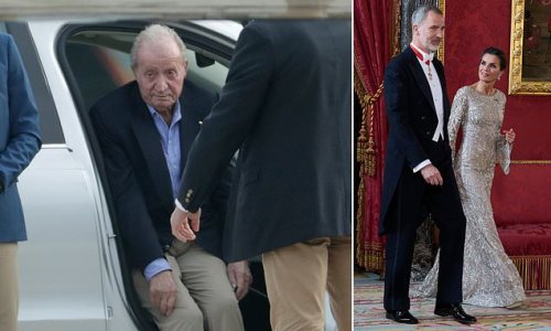 The lonely return of Spain's disgraced king: Juan Carlos arrives by private jet for first visit since leaving amid financial scandal two years ago - but his son Felipe is nowhere to be seen
