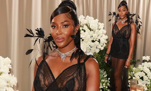 Naomi Campbell, 52, puts on a leggy display in a black minidress with a sheer overlay at British Vogue dinner