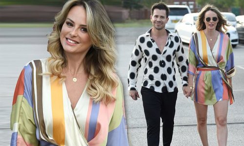 Rhian Sugden puts on a leggy display in a colourful wrap dress and nude heels as she heads on a date night with husband Oliver Mellor
