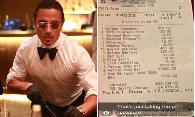 Diner splashes out £37,000 at Salt Bae's restaurant including £30,000 on wine and champagne and a £4,829 SERVICE charge - as critics slam customers for being 'rich and stupid'