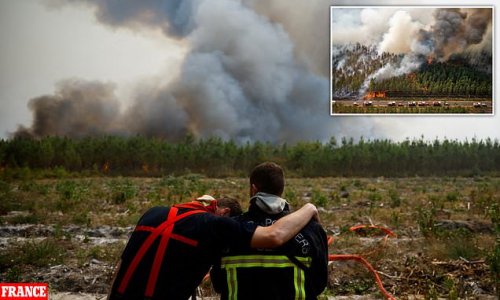 Terrifying moment FIRENADO races towards French firemen battling 'monster' blaze amid record-breaking European drought that has dried up rivers, melted glaciers and ravaged farmland