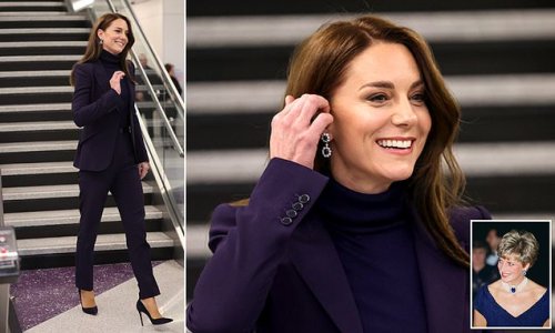 Flying the British fashion flag! Kate Middleton kicks off US tour in a chic $3,000 midnight blue suit by UK label Alexander McQueen - as she pays tribute to late mother-in-law Diana by wearing sapphire earrings that once belonged to the Princess